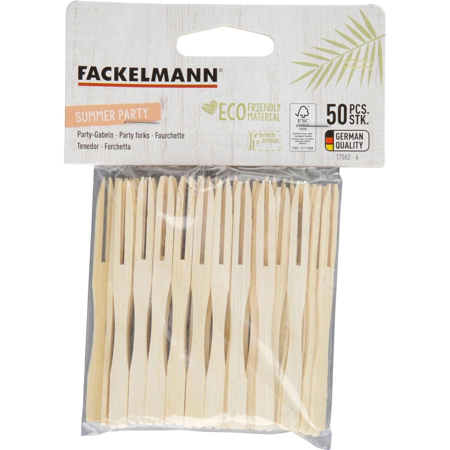 Fackelmann Partygabeln Sommerparty, 50 Stück aus Bambus im transparenten Pack.