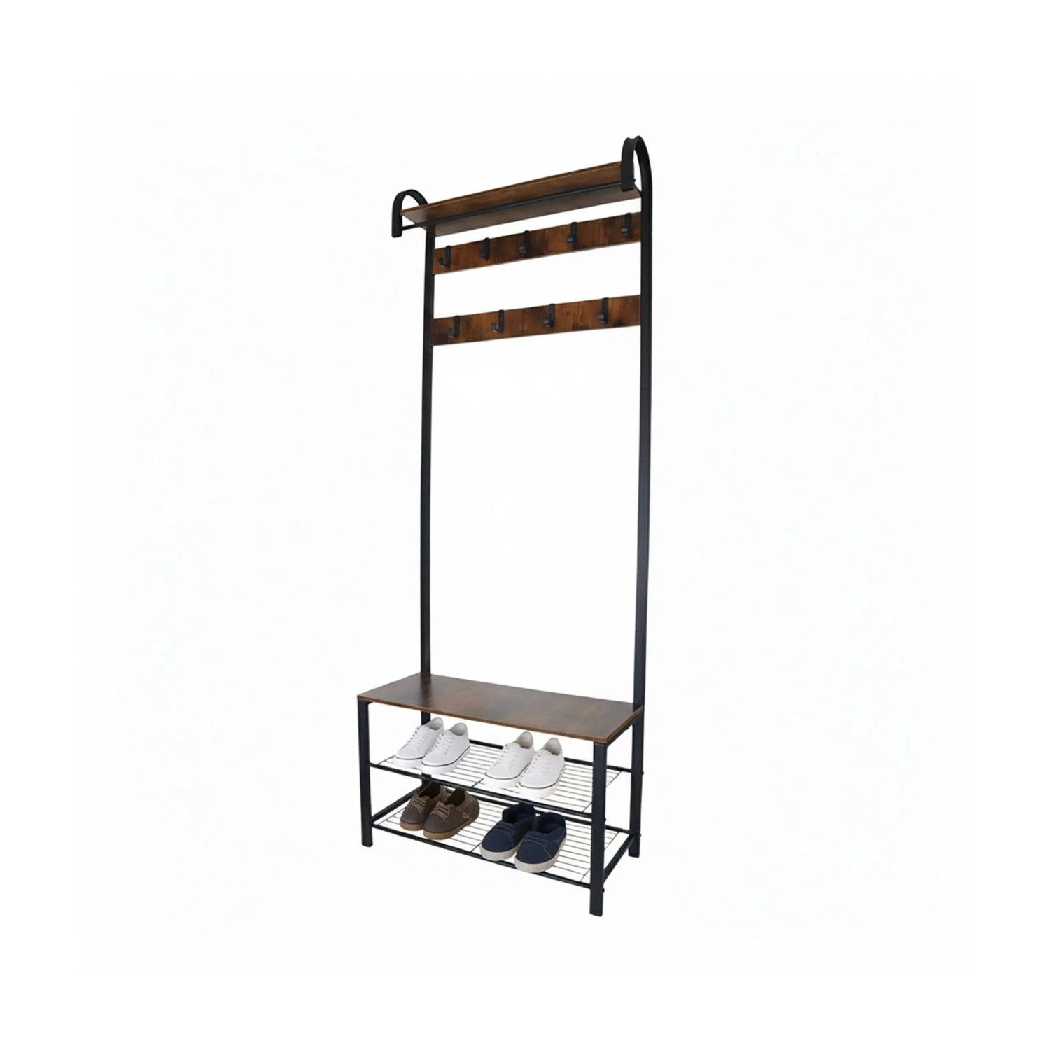 Relaxdays Garderobe mit Schuhbank Eisen MDF Schwarz Dunkelbraun Hakenleisten 182 cm x 69 cm x 30 cm