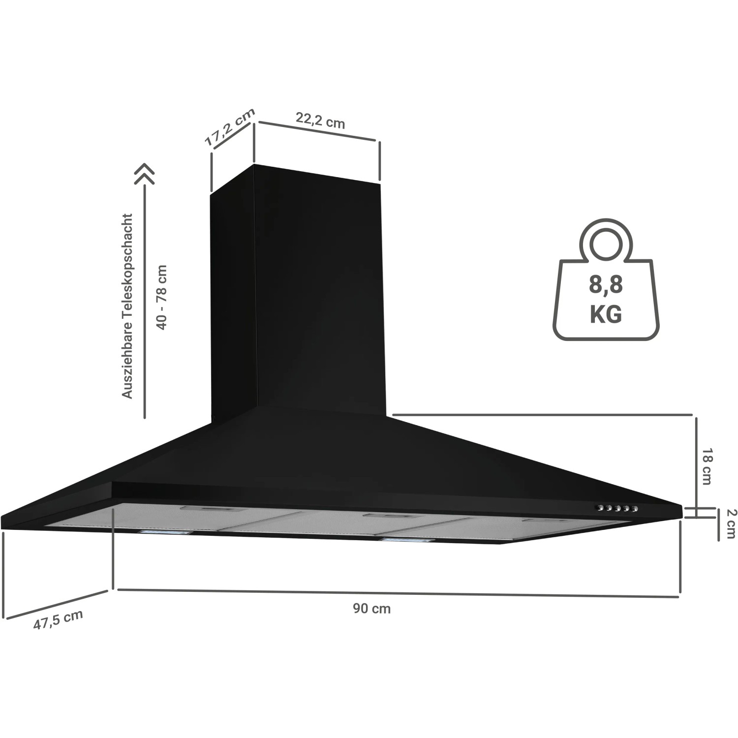 Respekta Kaminhaube Karena 90cm, schwarz, mit Maßangaben. Dunstabzugshaube für Wandmontage.