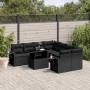 Schwarze 9-tlg. vidaXL Garten-Sofagarnitur aus Poly Rattan mit Kissen und Tisch.