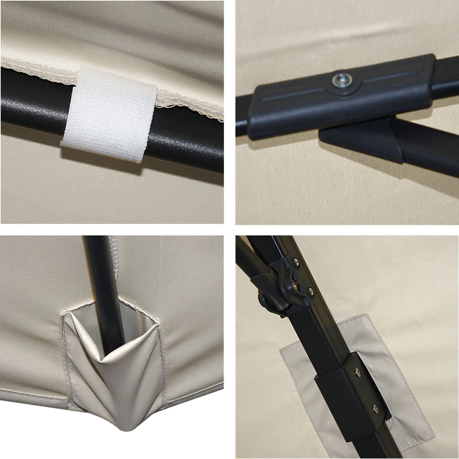 Detailansicht MCW Ampelschirm A96 3x4m Alu Creme-Grau: Befestigung, Gelenk, Stoffbefestigung, Strebe.