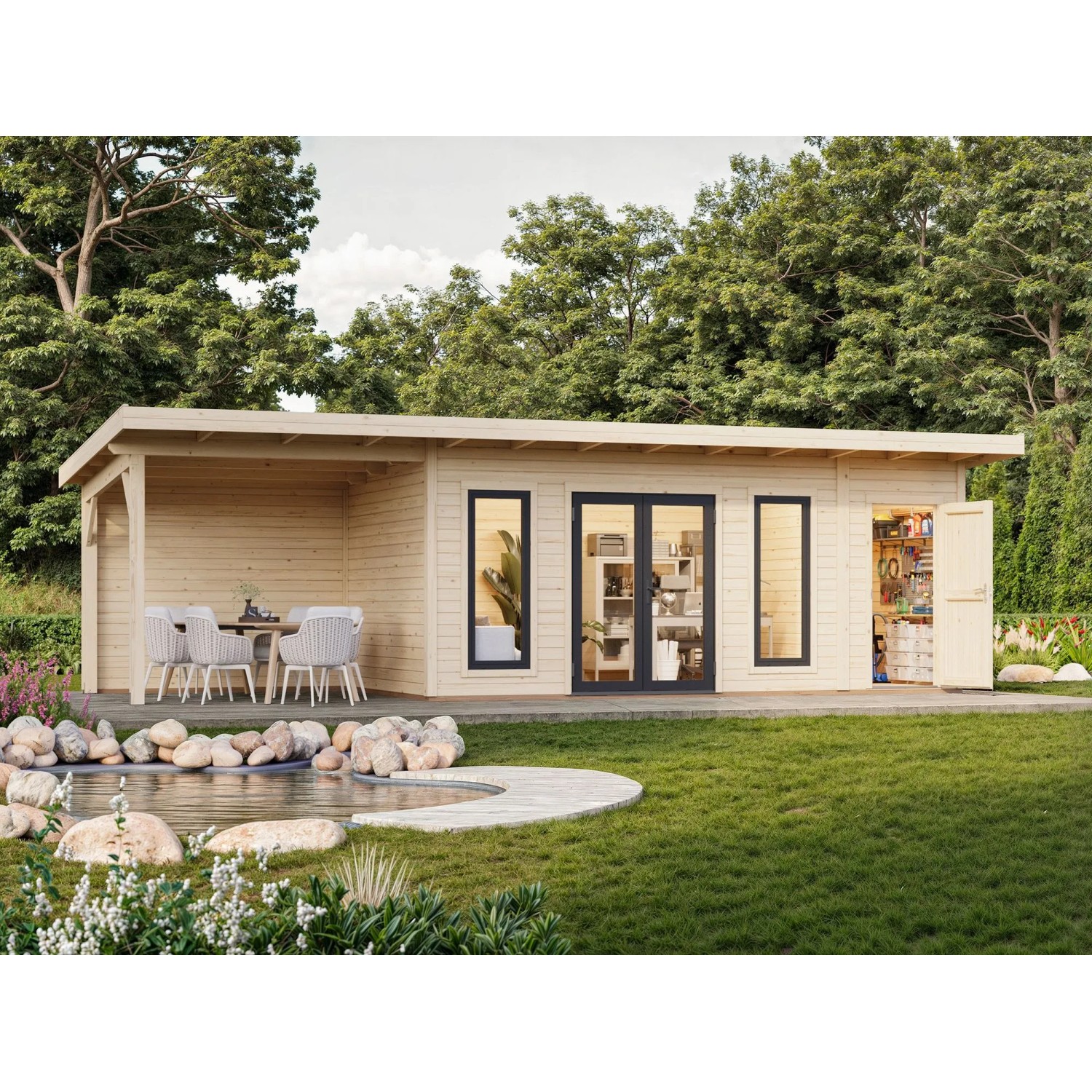 Palmako Holz-Gartenhaus Aurelia Pultdach Unbehandelt 889 cm x 300 cm 24,6 m²