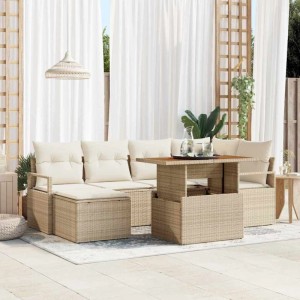 Beige vidaXL Garten Essgruppe mit Kissen, 7-teilig, aus Polyrattan, Stahl und Akazienholz.