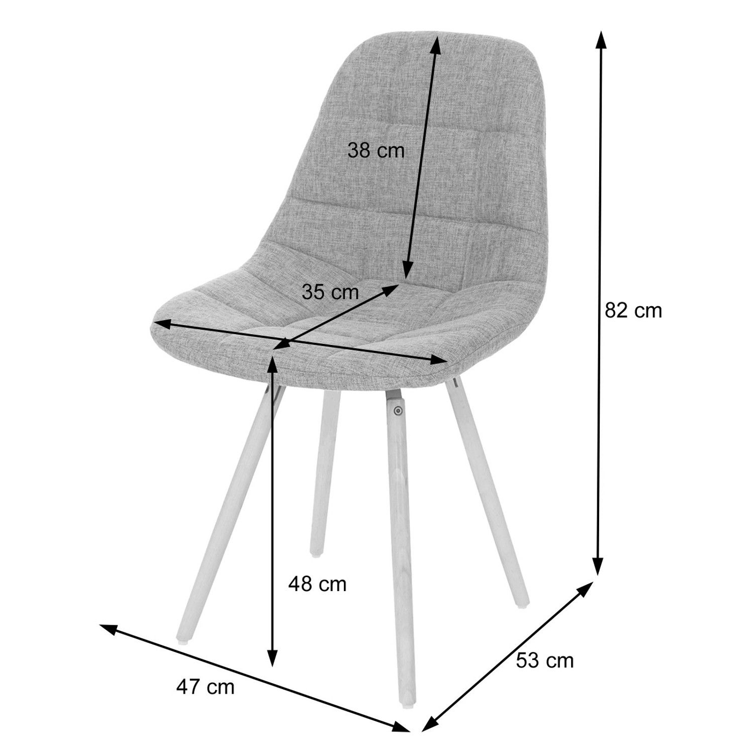 MCW Esszimmerstuhl A60, 6er-Set, dunkelgrauer Stoffbezug, Holzfüße, Polsterstuhl mit Ziernähten und Maßangaben.