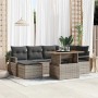 Graues 7-tlg. vidaXL Garten-Sofa-Set aus Poly Rattan mit Tisch und Stauraum.