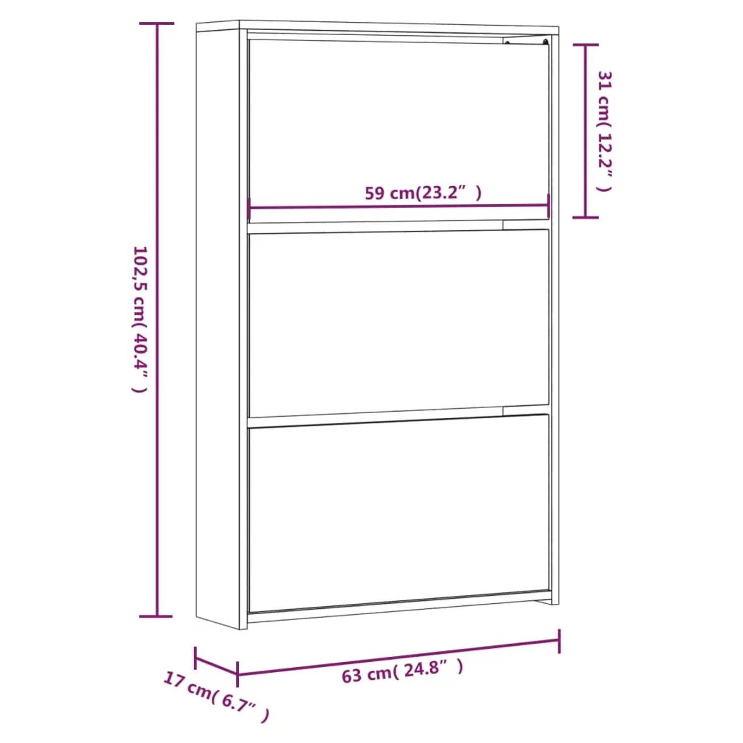 vidaXL Schuhschrank mit Spiegel 3-Lagig Hochglanzweiß 63x17x102,5 cm 342637_8