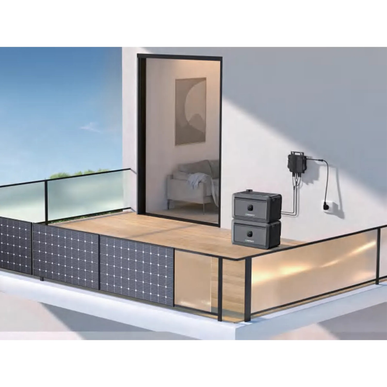 Growatt Noah 2000 Balkonkraftwerk mit Solarmodulen, Wechselrichter und Speichersystem auf einem Balkon.