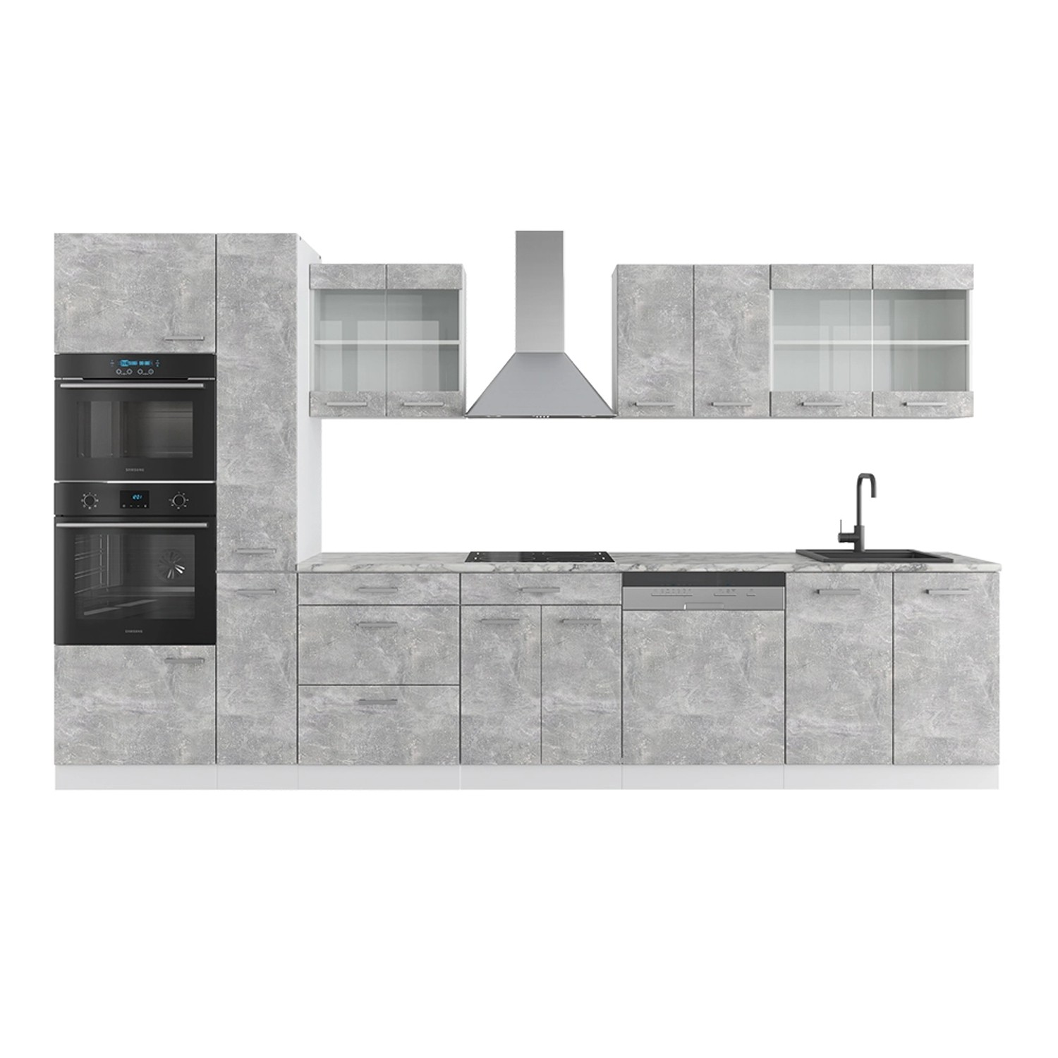 Vicco R-Line Küche Beton/Weiß 350 cm mit HochschrankAP Marmor günstig online kaufen