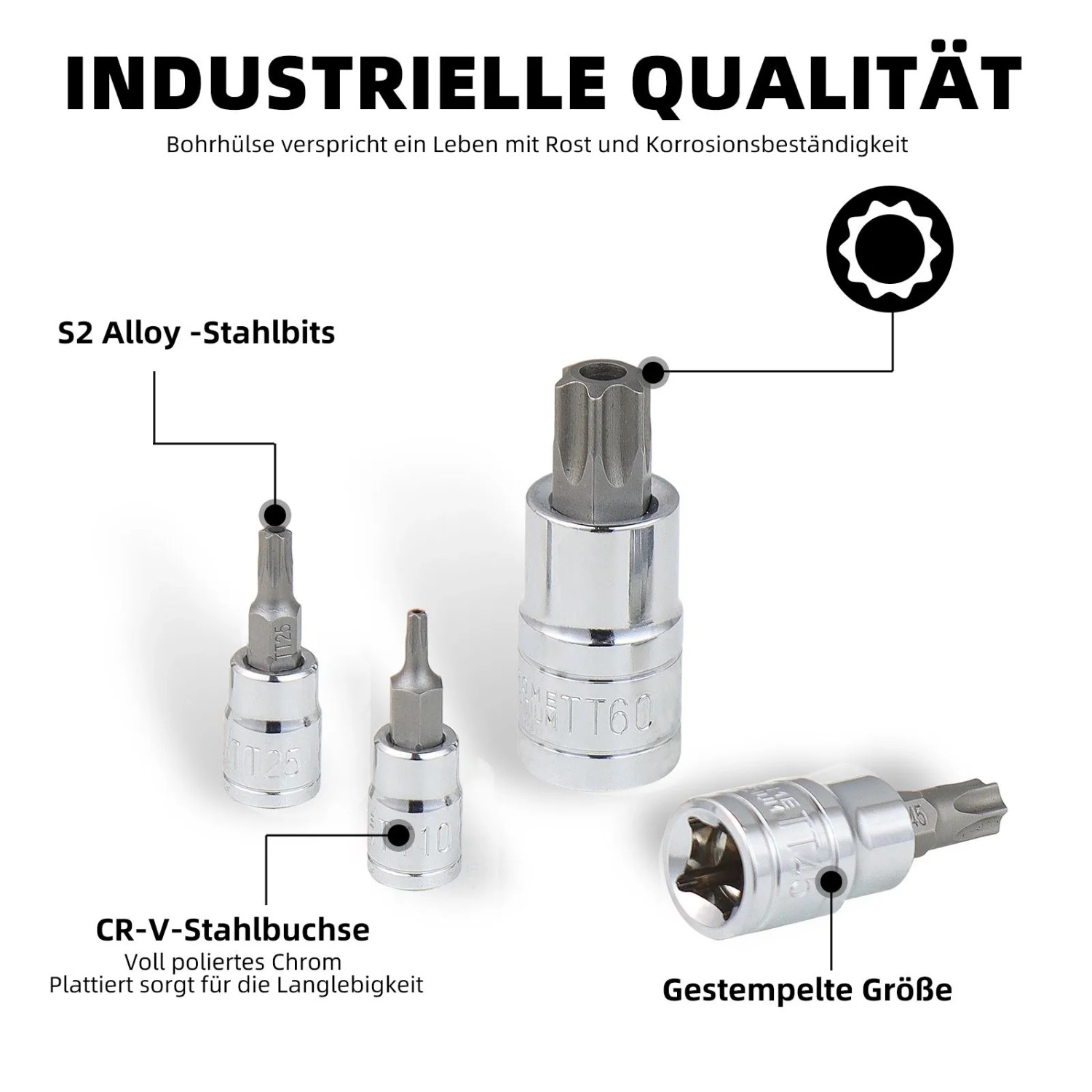Glänzender CCLIFE Torx Bit Steckschlüsselsatz aus S2-Stahl, verchromt, für Drehmomentschlüssel. Größen T8H-T60H.