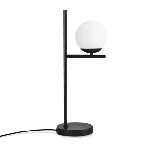 Moderne schwarze Tischlampe mit rundem Opalglas-Schirm und schlankem Metallgestell. Ideal für Wohnzimmer & Nachttisch.
