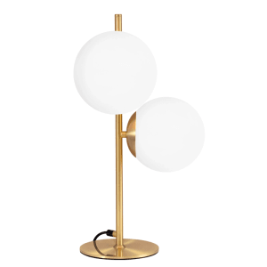 Moderne, goldene Industrial Tischlampe mit zwei weißen Opalglas-Kugelschirmchen. Ideal als Nachttischlampe.
