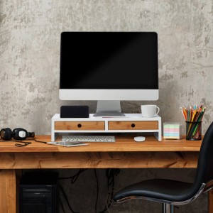 Relaxdays Monitorständer mit 2 Schubladen aus Bambus und MDF, weiß/natur.