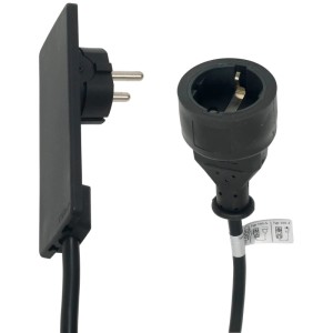 Schwarzes Evoline Plug Verlängerungskabel aus Kunststoff, 1500 mm, mit flachem Stecker und Steckdosen-Kupplung.