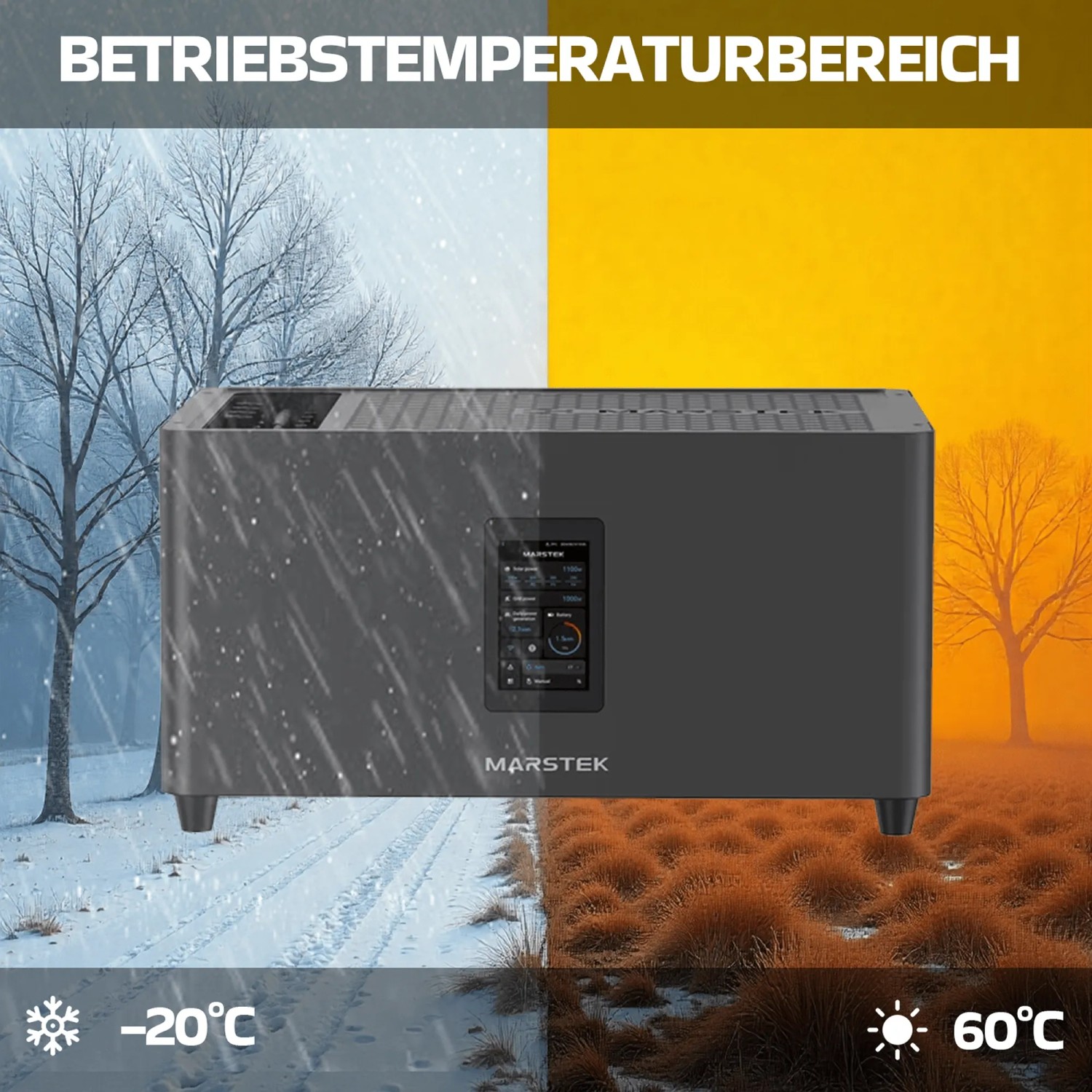 Marstek Jupiter Solarspeicher für Balkonkraftwerk, Temperaturbereich -20°C bis 60°C.