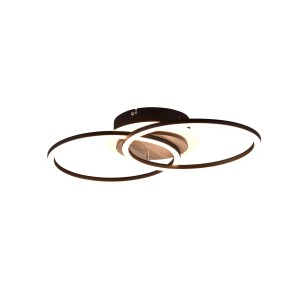 Moderne, schwarze LED-Deckenleuchte mit drei Ringen und Holz-Optik (Ø 46,5 cm) für Wohnräume.