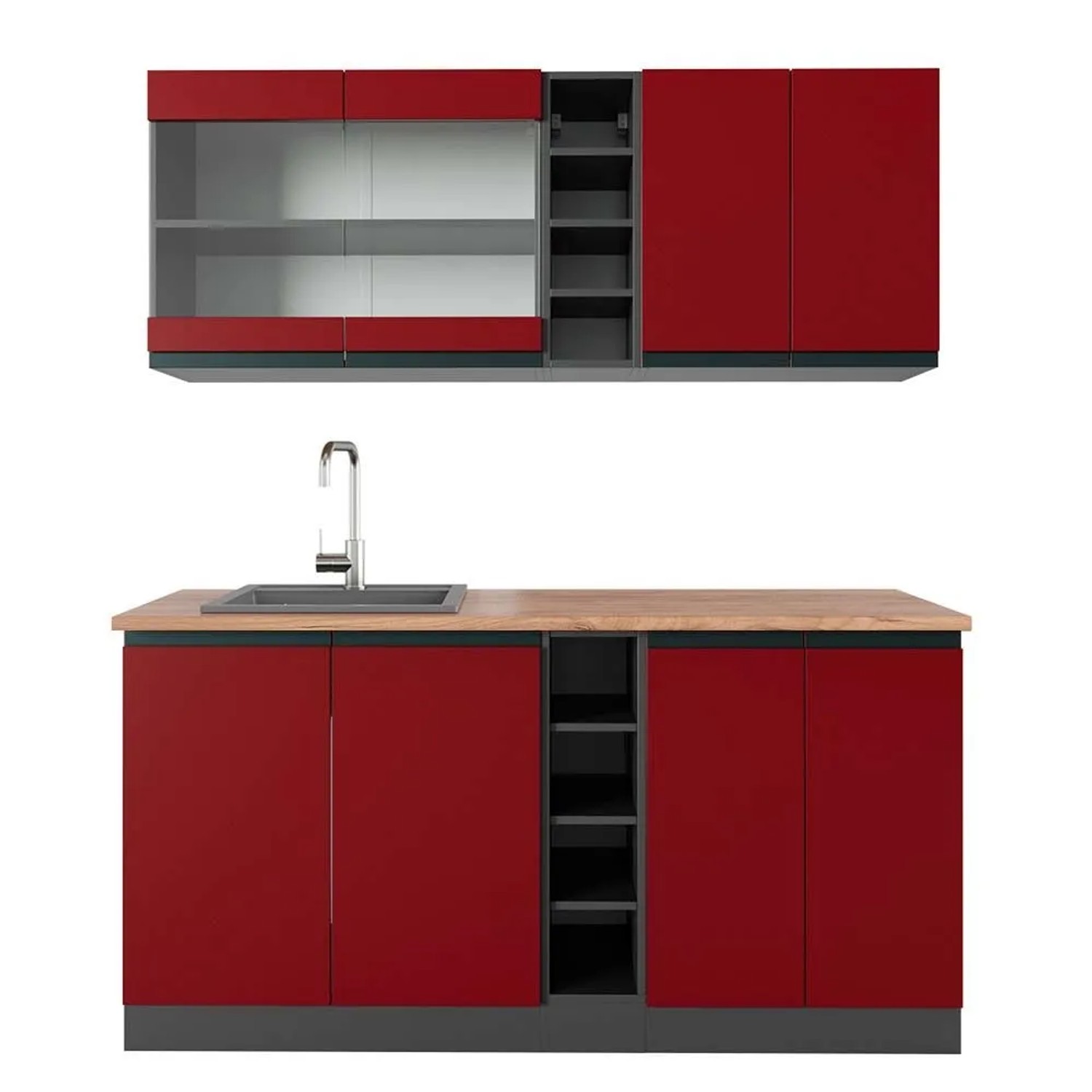 Vicco R-Line Singleküche Rot Anthrazit 160 cm AP Eiche ohne E-Geräte