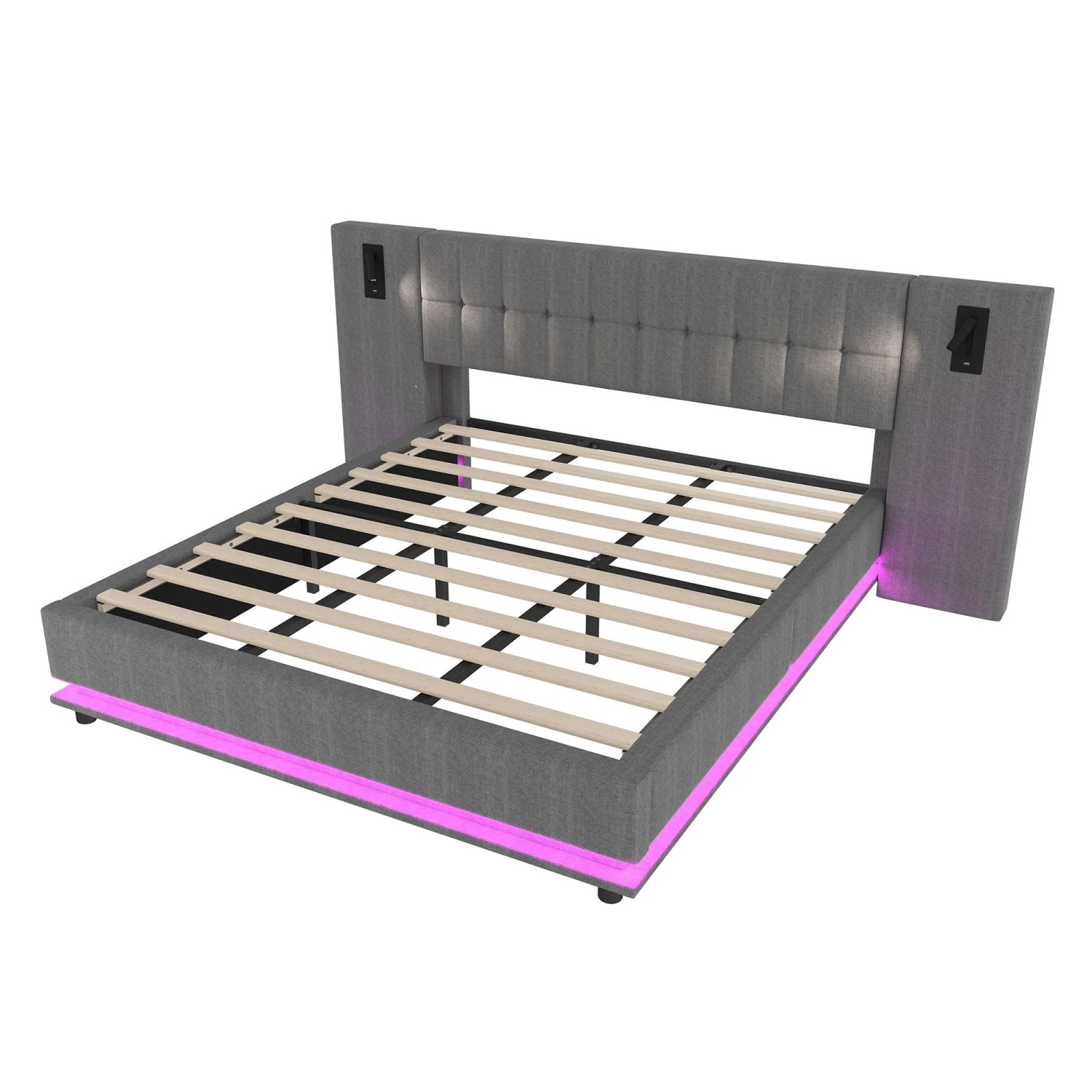 Okwish Polsterbett 180x200cm Mit Led Usb Spot Schlafzimmer Grau Ohne Matratze