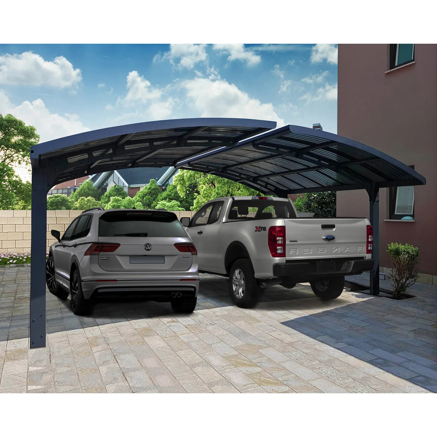 Palram Canopia Doppelcarport Arizone Double Wave mit zwei geparkten Autos.