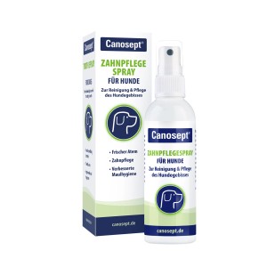 Canosept Zahnpflegespray für Hunde, 100ml Flasche und Verpackung.