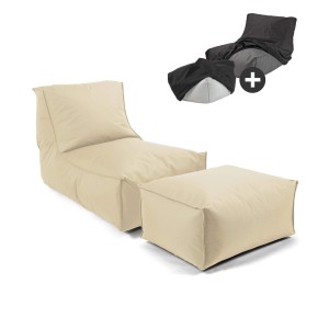 Beiger mokebo Sitzsack mit Hocker für Indoor & Outdoor. Wasserabweisend, ideal zum Relaxen.