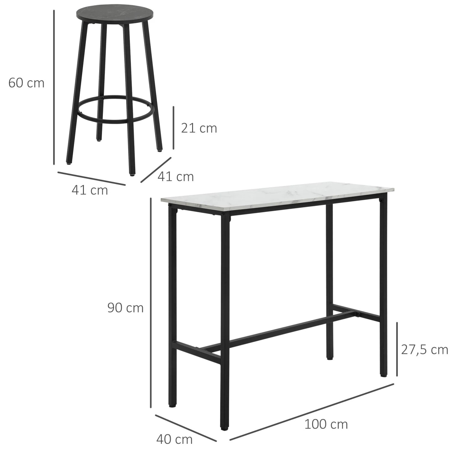 HOMCOM Bartisch Set: weißer Tisch mit Marmoroptik, schwarzes Stahlgestell, ein schwarzer Barhocker. Modernes Design.