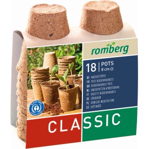 Romberg Anzuchttöpfe, 18 Stück, 8 cm, torffrei, aus Zellulose für die Pflanzenanzucht.
