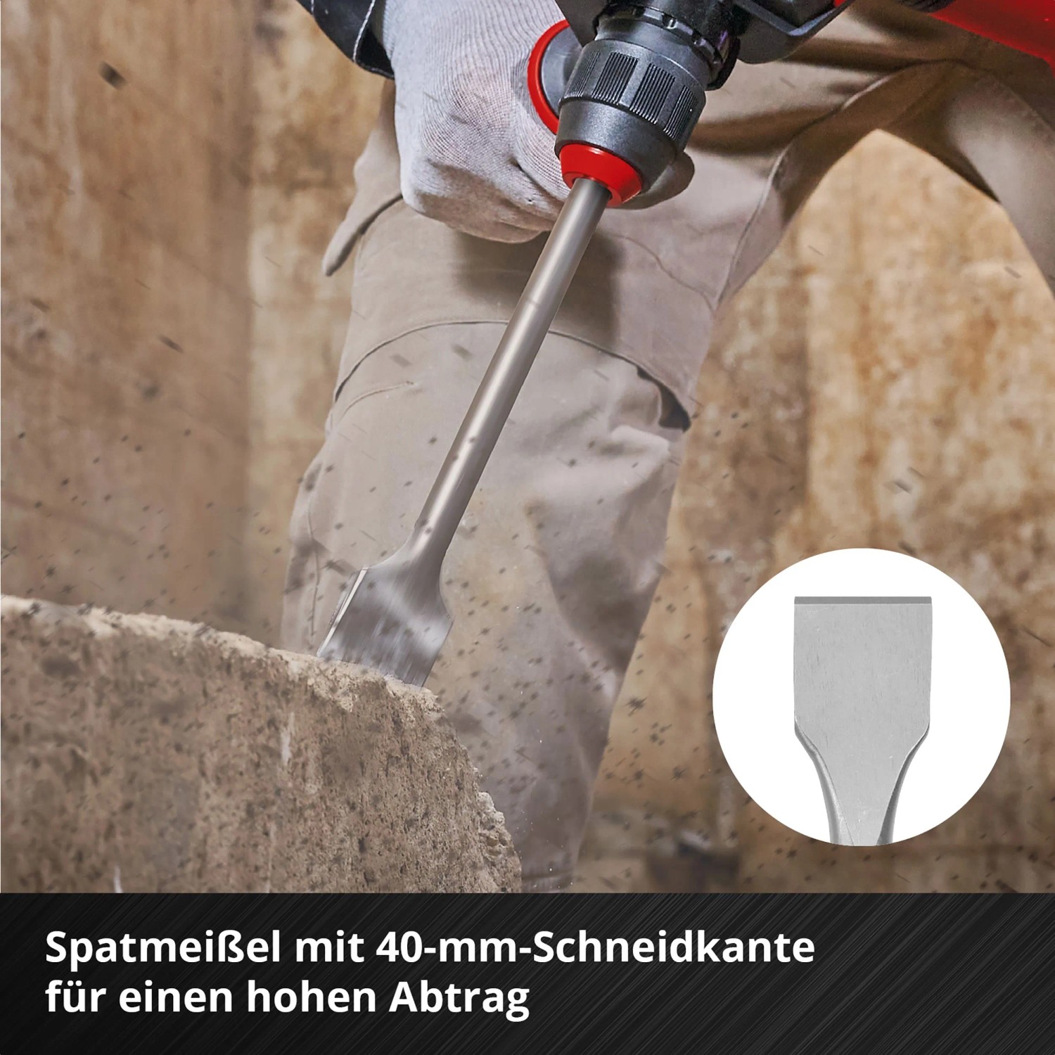 Einhell Meißel-Set SDS Max im Einsatz: Spitz-, Flach- und Spatmeißel beim Abbruch von Mauerwerk.