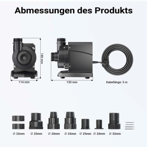 SunSun CPP-6000 Poolpumpe mit Zubehör und Maßangaben.