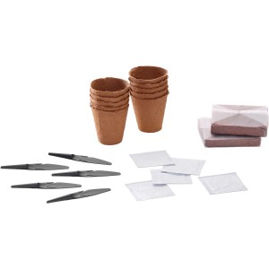 Anzucht-Set mit 5 Kräutern: Töpfe, Erde, Saatgut (Basilikum, Petersilie, Thymian, Schnittlauch, Oregano) und Pikierstäbe.