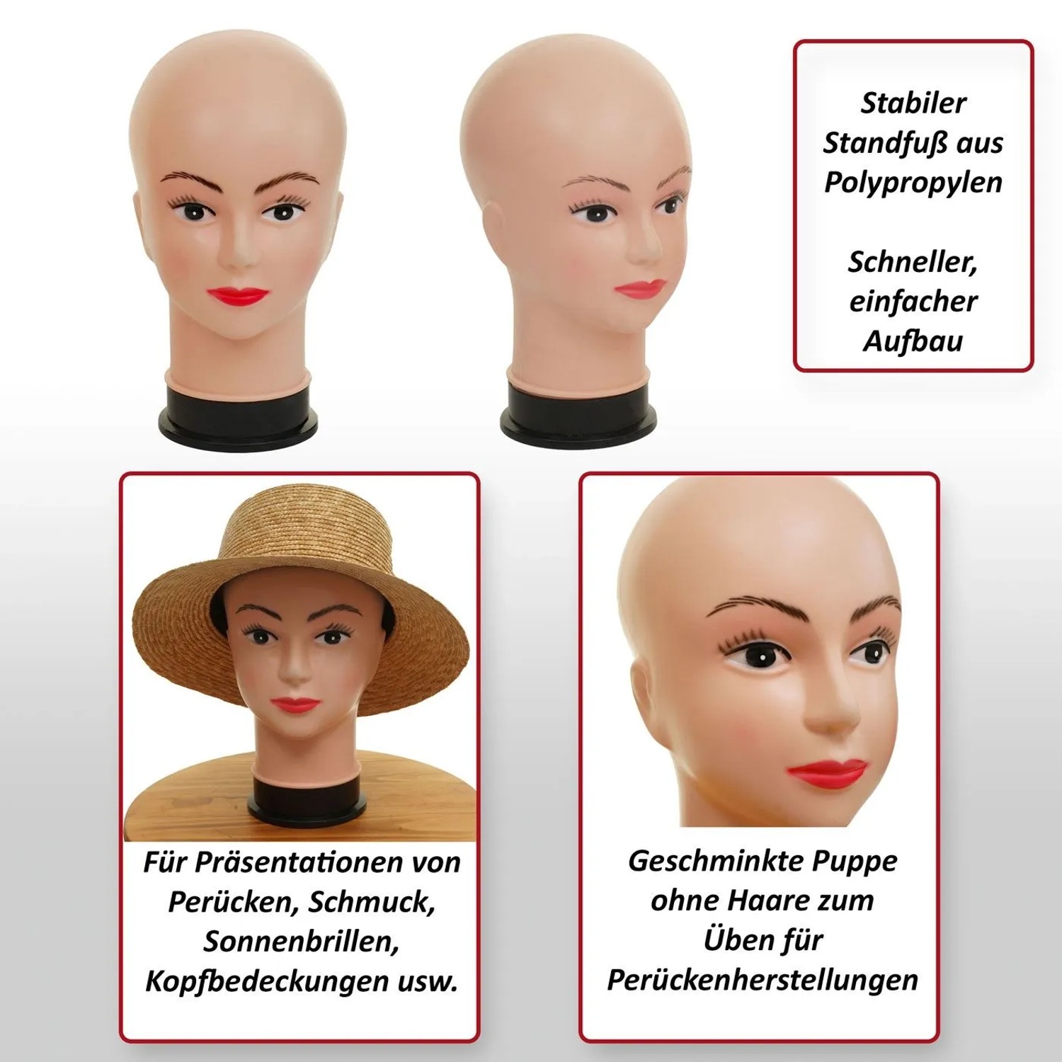 Zwei weibliche Mannequin-Köpfe (30cm) aus Polypropylen, geschminkt, für Perücken & Präsentationen. Stabiler Standfuß.