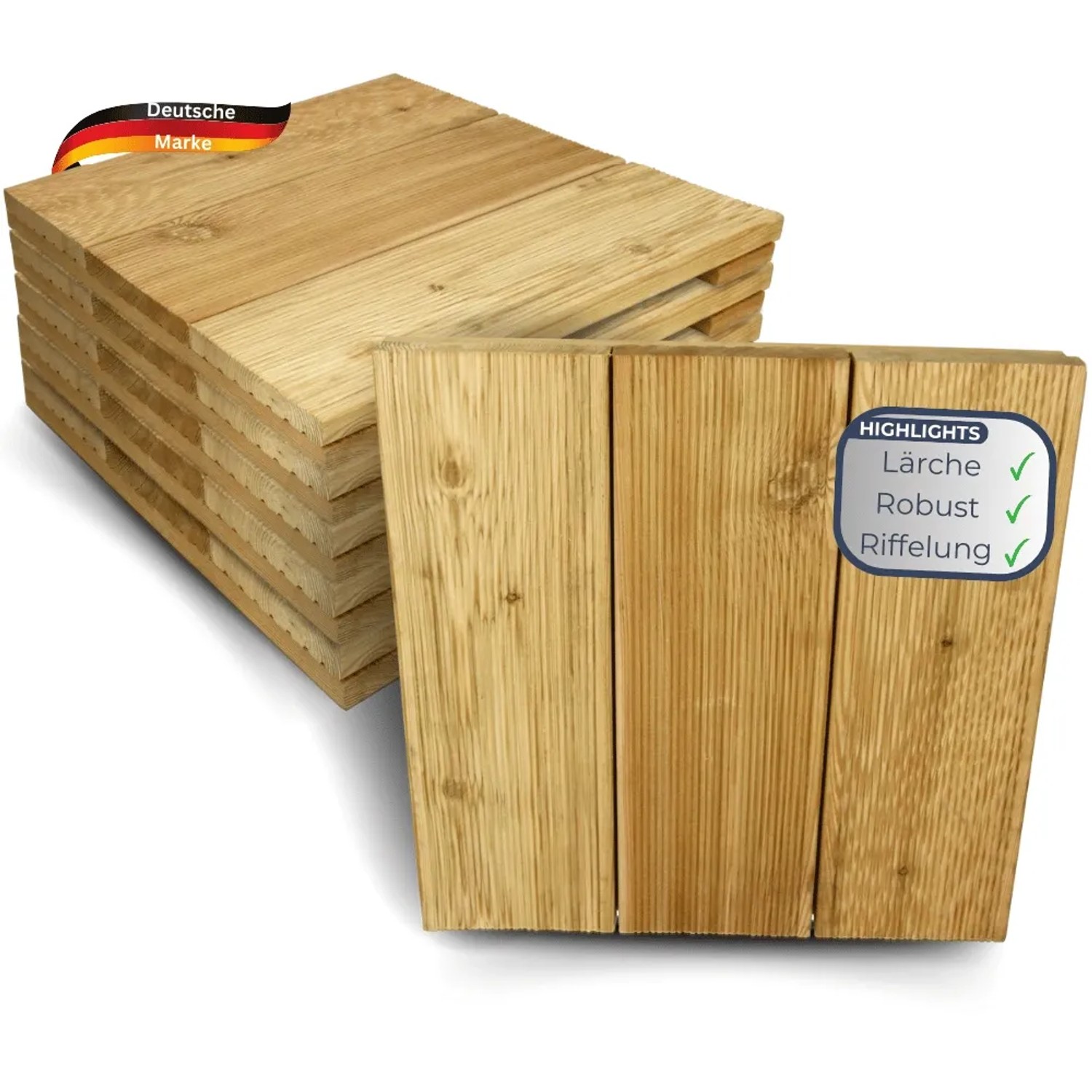 DELUKE Holzfliese Lärchenholz 43x43cm Fliese Geriffelt Terrassenfliese Holz Quadratisch Terrassendiele mit Unterkonstruktion Balkon Bodenfliese_7