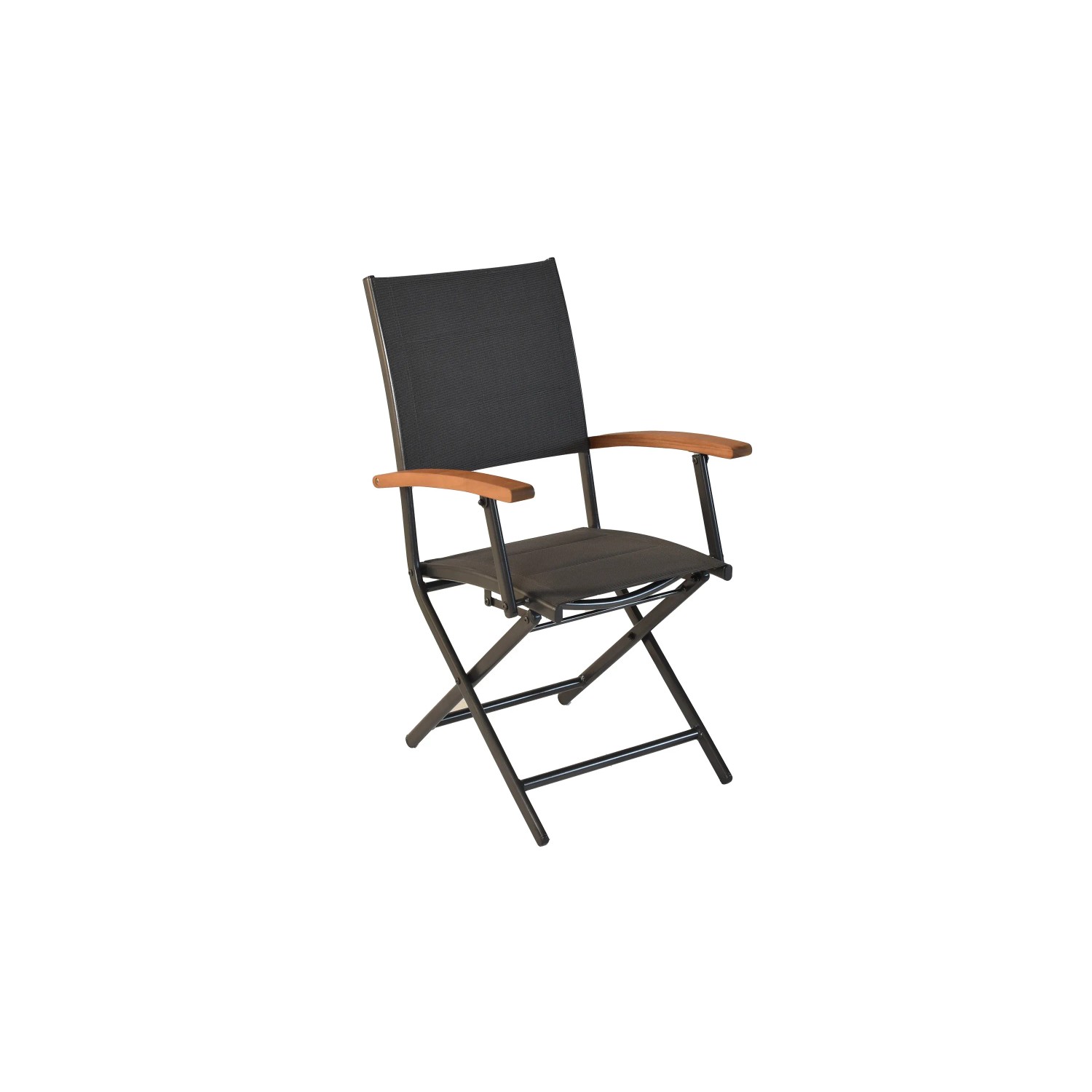 Merxx Paxos Klappsessel, Teil des 3-tlg. Gartenmöbel-Sets, mit Akazienholz-Armlehnen und graphitfarbenem Gestell.