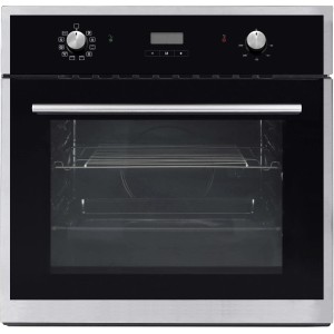 PKM Einbaubackofen EBO9.4 in Schwarz mit Edelstahlrahmen und schwarzer Glastür.