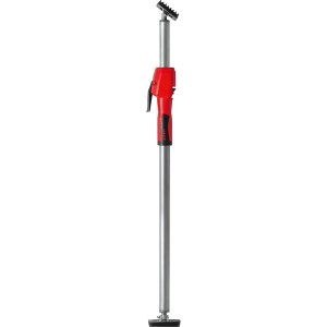 Bessey Decken- und Montagestütze STE 3000. Silberne Teleskopstange mit rotem Pumpgriff und schwarzen schwenkbaren Kontaktflächen.