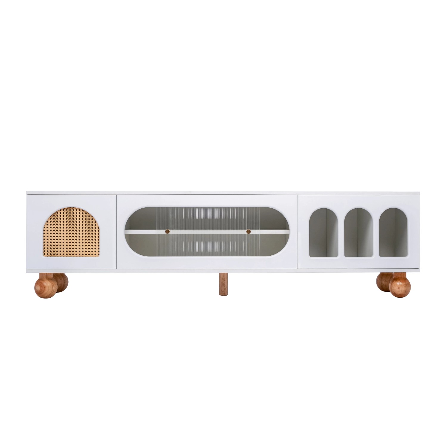 Okwish Tv Schrank Mit Rattan Glastür Offene Bögen Gold Füße 170x37x47cm Weiß