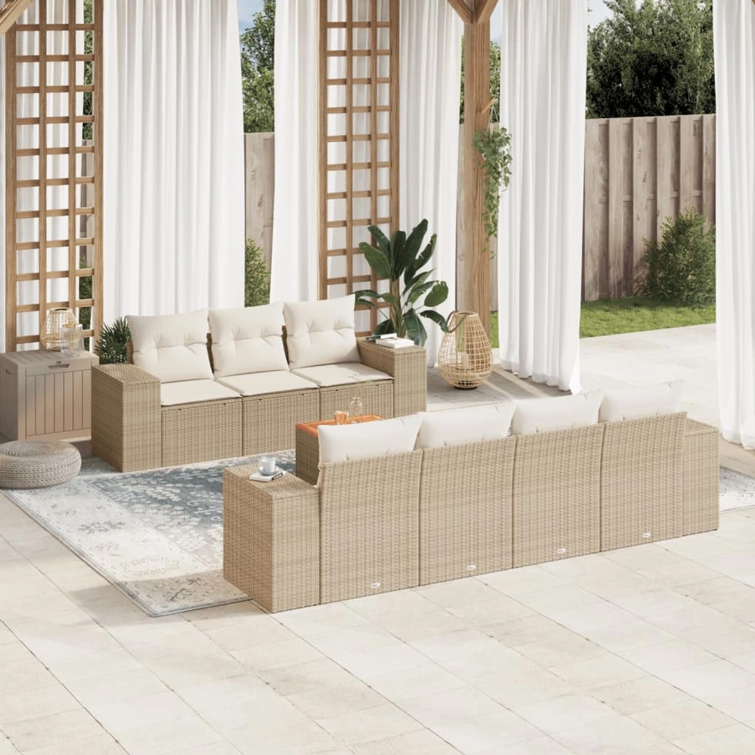 Beige vidaXL Garten-Sofagarnitur aus Rattan mit Kissen, 8-teilig für Terrasse und Garten.