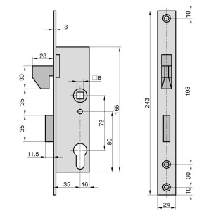 Technische Zeichnung: Basi Einsteck-Hakenfallenriegelschloss ES 988, Dornmaß 35mm, Stulp 24mm.