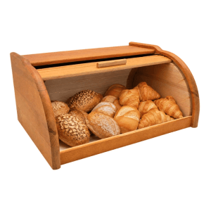 XL Brotkasten aus Buchenholz mit Rollfunktion, gefüllt mit Brot und Croissants.