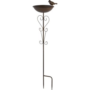 Metall Vogeltränke 700 ml, rostbraun, mit Herz-Ständer und Ziervogel für den Garten.