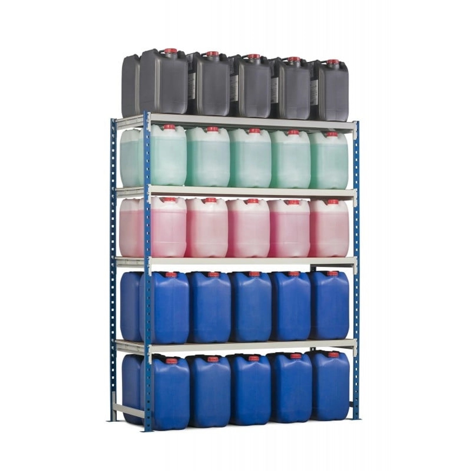 PROREGAL Fachbodenregal Maximus Pro mit 3 Ebenen und Kanistern in verschiedenen Farben.