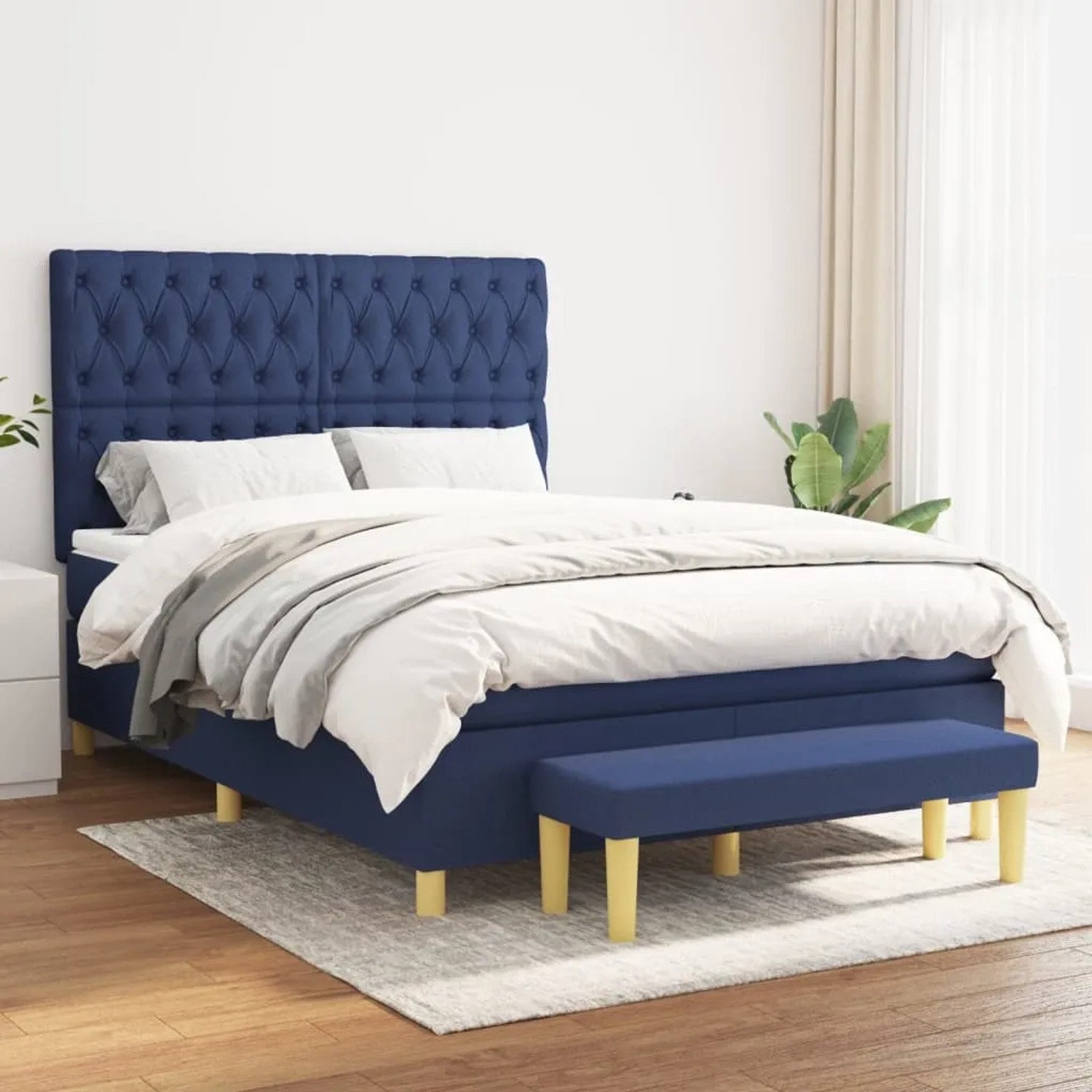 Blaues vidaXL Boxspringbett (140x200 cm) mit Matratze und Bank, Stoffbezug.