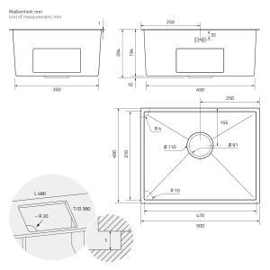 Technische Zeichnung: ML-Design Spülbecken Edelstahl 50x40 cm, Anthrazit, mit Maßen.