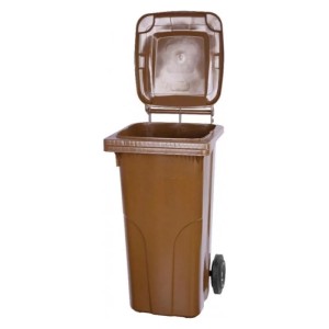 Braune 120 Liter PROREGAL Mülltonne aus HDPE-Kunststoff mit Rädern und geöffnetem Deckel.