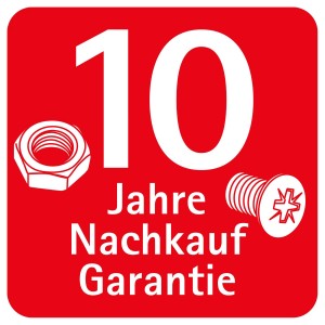 Symbol für 10 Jahre Nachkaufgarantie mit Schraube und Mutter auf rotem Grund.