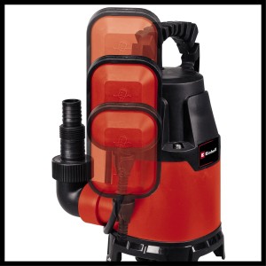 Einhell GC-DP 3325 Schmutzwasserpumpe in Rot und Schwarz mit Schwimmerschalter und Universalanschluss.