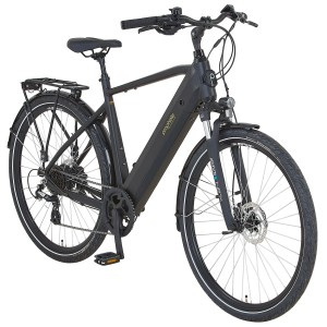 Schwarzes Prophete Trekking E-Bike Entdecker 2.0 Herrenrad mit Gepäckträger und Diamantrahmen.