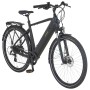 Schwarzes Prophete Trekking E-Bike Entdecker 2.0 Herrenrad mit Gepäckträger und Diamantrahmen.
