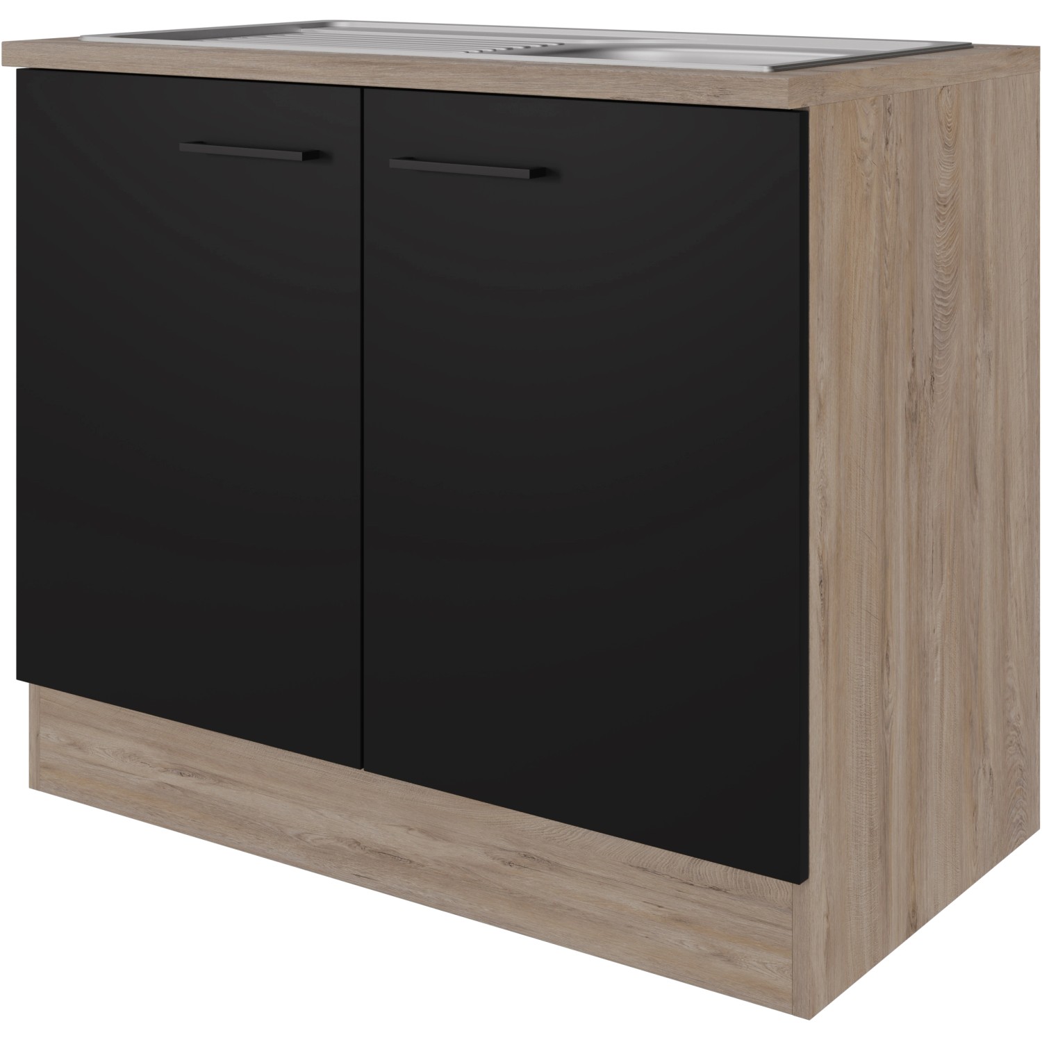 Flex-Well Exclusiv Spülenunterschrank Capri 100 cm Schwarz Matt-Endgrain Oak