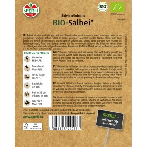 Sperli Bio Salbei Samenpackung mit graugrünen Blättern. Heil- und Würzkraut für Garten und Kübel.
