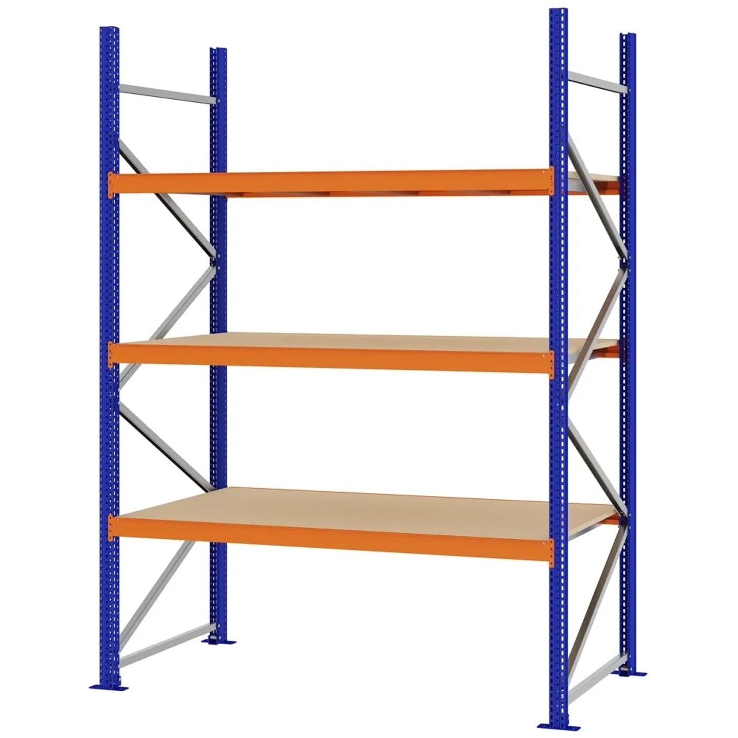 PROREGAL Weitspannregal Schraub-Stecksystem MAGNUS PRO Made In Germany Grundregal 250x175x80cm 3 Ebenen Spanplattenböden Fachlast 700kg Blau/Orange